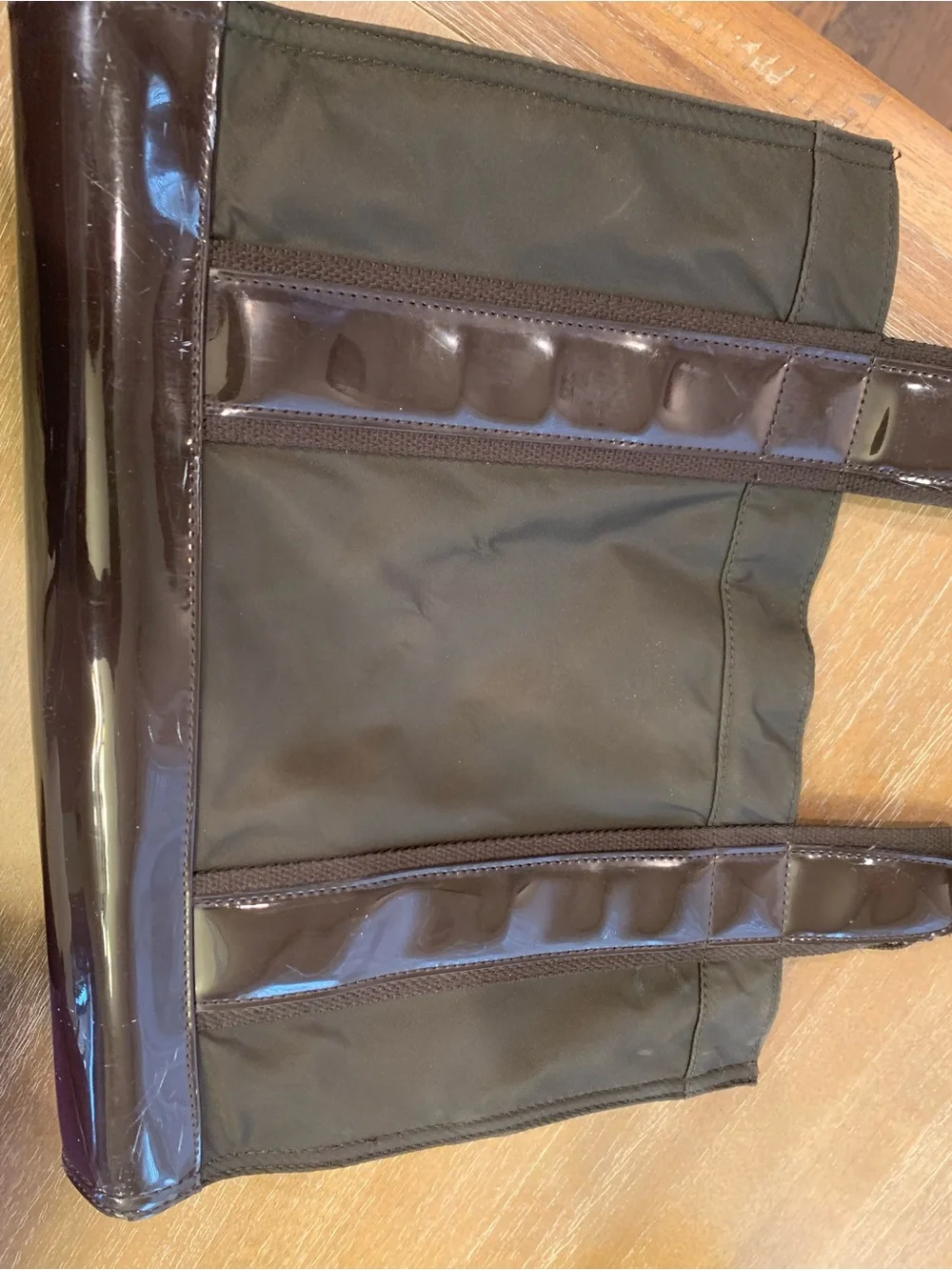 Tory Burch Olive and Dark Brown Nylon Tote with Patent Trim
